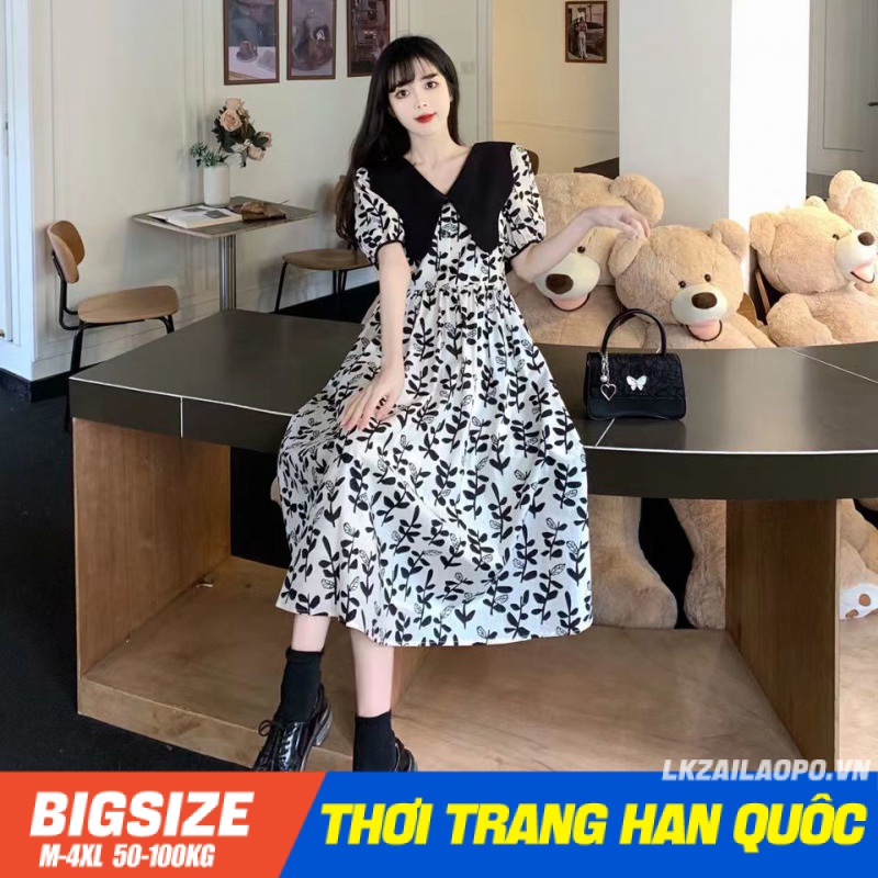 Đầm dáng dài Bigsize Váy maxi nữ tay ngắn cổ bèo che bụng mỡ ôm eo mùa hè Phong cách Hàn Quốc Thời Trang tiểu thư cá tính xinh đẹp cho người mập béo