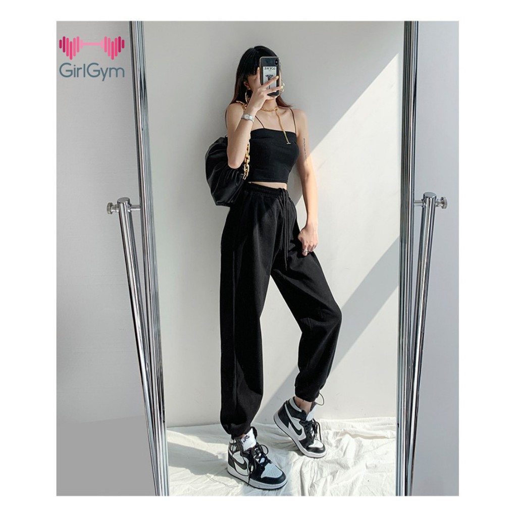 Quần nỉ Jogger nữ thun trơn da cá, quần bo dây rút dài ống rộng có Bo simple mặc 4 mùa thoải mái Girl Gym