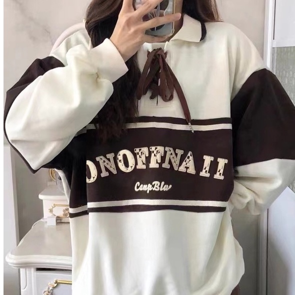 ZHELIHANGFEI Áo Sweater Tay Dài Cổ POLO Buộc Dây Kiểu Retro Nhật Bản Dễ Phối Đồ