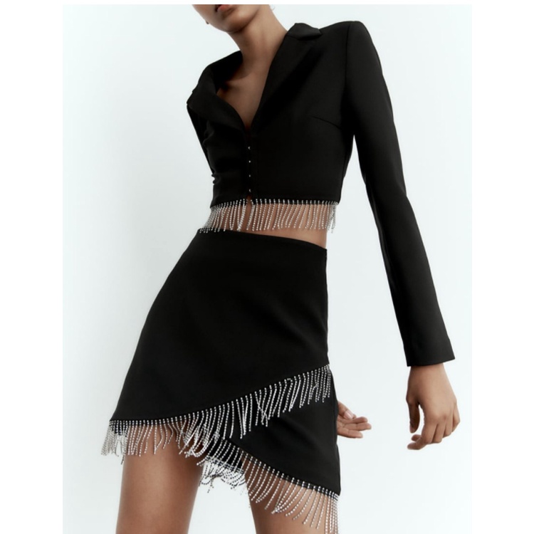 Bộ Áo Cổ Chữ V + Chân Váy Tua Rua Lấp Lánh Thời Trang Zara 20228657707 8658707