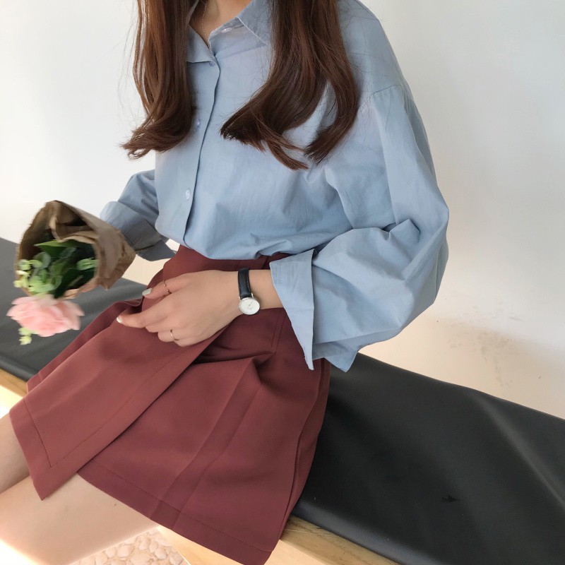 SUXI Chân váy chữ A vải voan lưng cao phong cách Hàn Quốc dành cho nữ