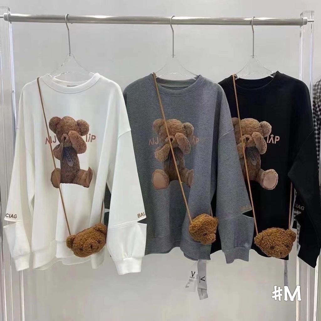 Áo nỉ nữ hình gấu dày dặn ấm áp form rộng dài tay freesize Bling Store (kèm túi gấu) | BigBuy360 - bigbuy360.vn