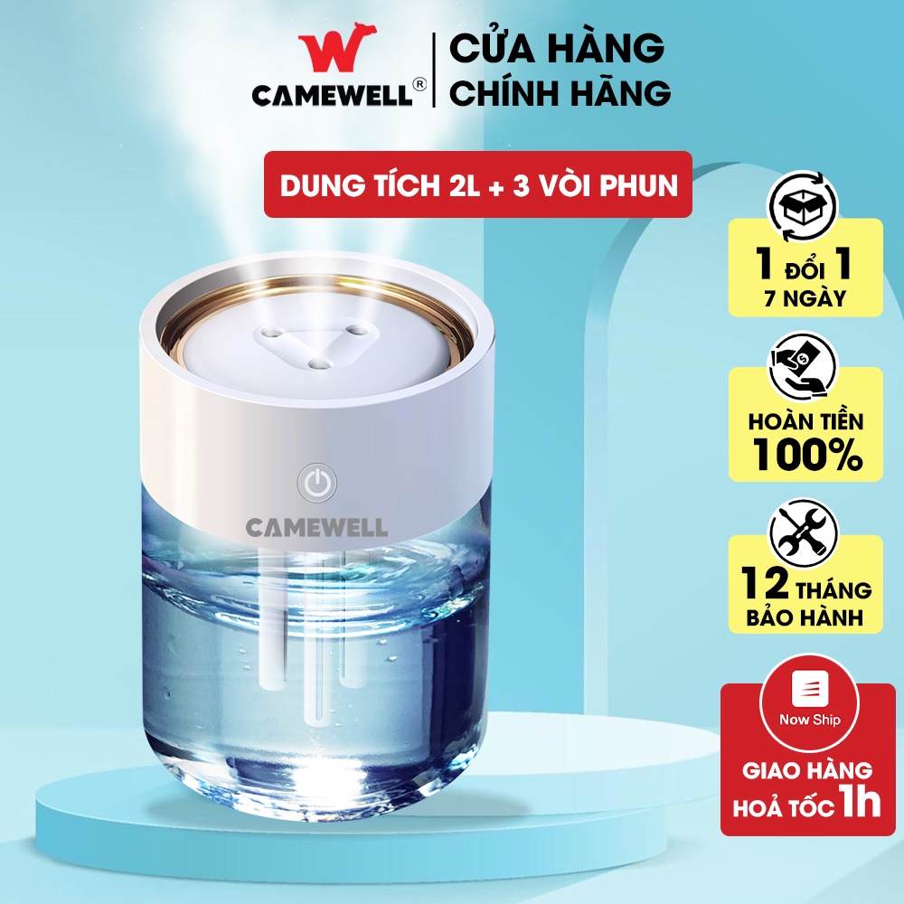 Máy xông tinh dầu, máy phun sương mini tạo độ ẩm CameWell tích hợp đèn Led nhiều màu dung tích 2L C101H