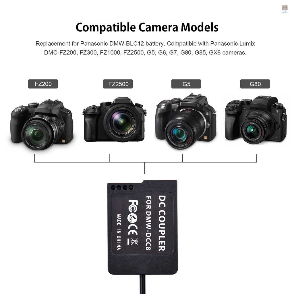 Pin giả Andoer DMW-DCC8/BLC12 với cáp đổi nguồn USB cho Panasonic Lumix DMC-FZ200 FZ300 FZ1000 FZ2500 G5 G6 G7 G80 G85