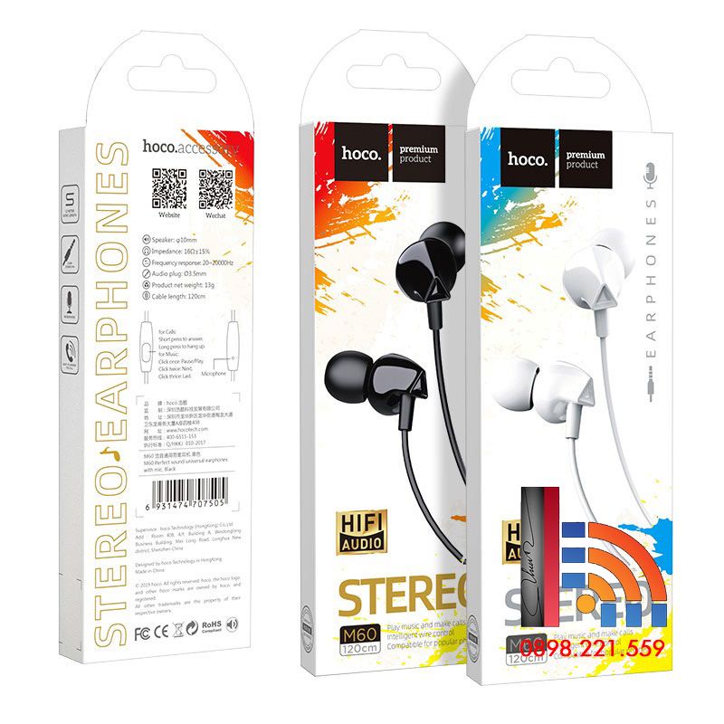 Tai nghe CÓ DÂY 3.5mm Hoco M60 & M58 có Mic đàm thoại dùng cho  ss Oppo xiaomi-màu đen/ trắng