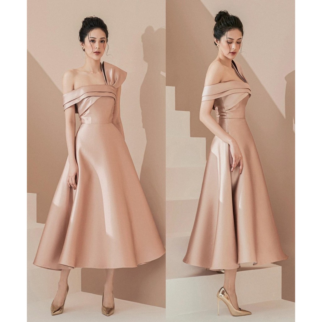Đầm xoè dự tiệc kiểu lệch vai phối nơ vai (HÀNG CAO CẤP) KÈM HÌNH THẬT