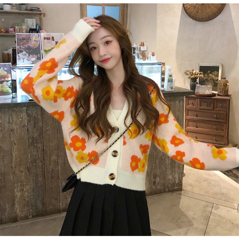 Áo khoác cardigan dệt kim dáng ôm in hoa thời trang xuân thu