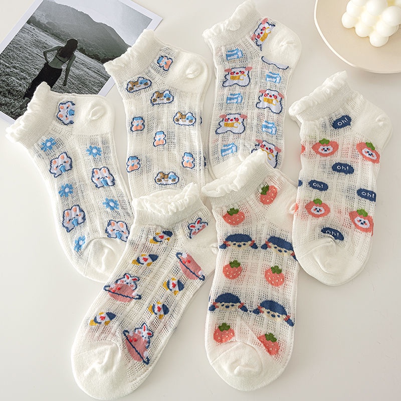 Vớ Ren Siêu Mỏng Thoáng Khí Màu Trắng Hình Gấu Dễ Thương Cho Nữ