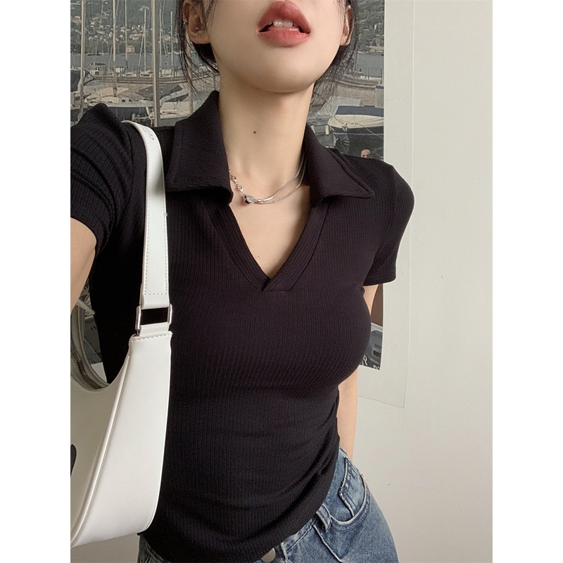 QKOOLE Áo polo  tay ngắn dáng ôm phong cách Hàn Quốc cổ điển thời trang cho nữ