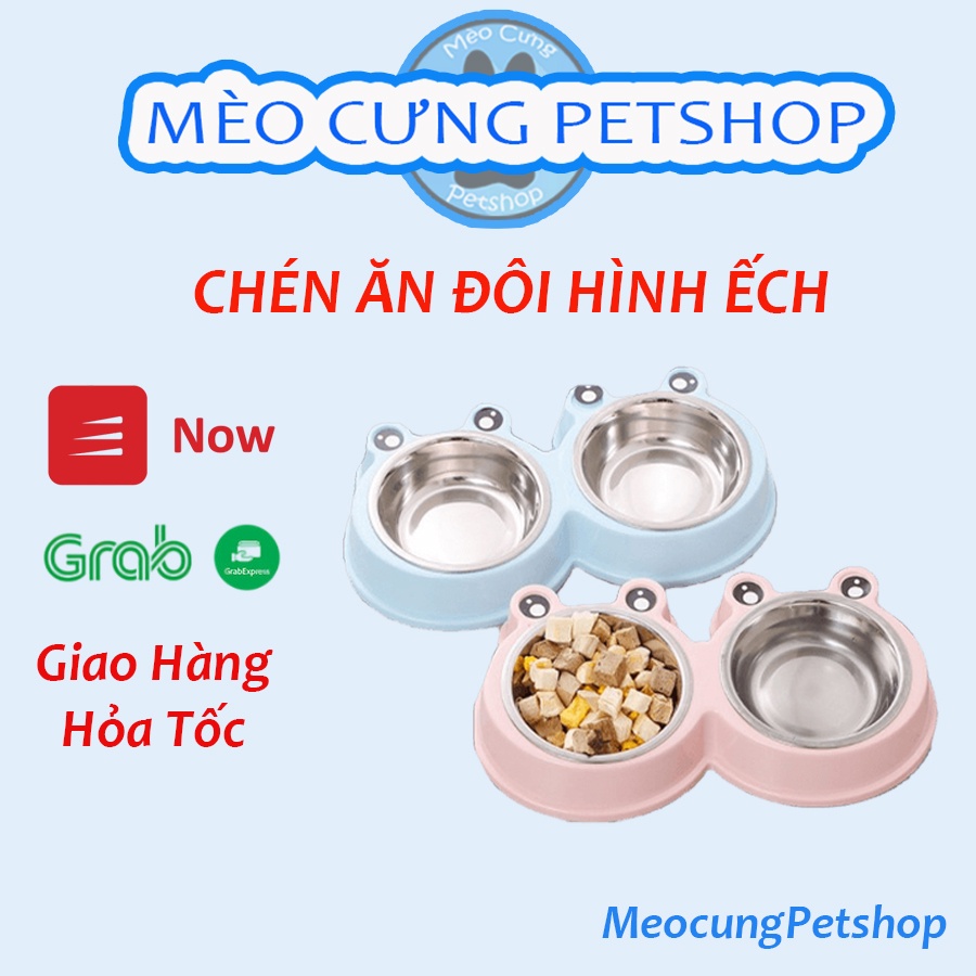Chén ăn đôi, bát ăn đôi, khay ăn hình ếch cho chó, mèo, thú cưng
