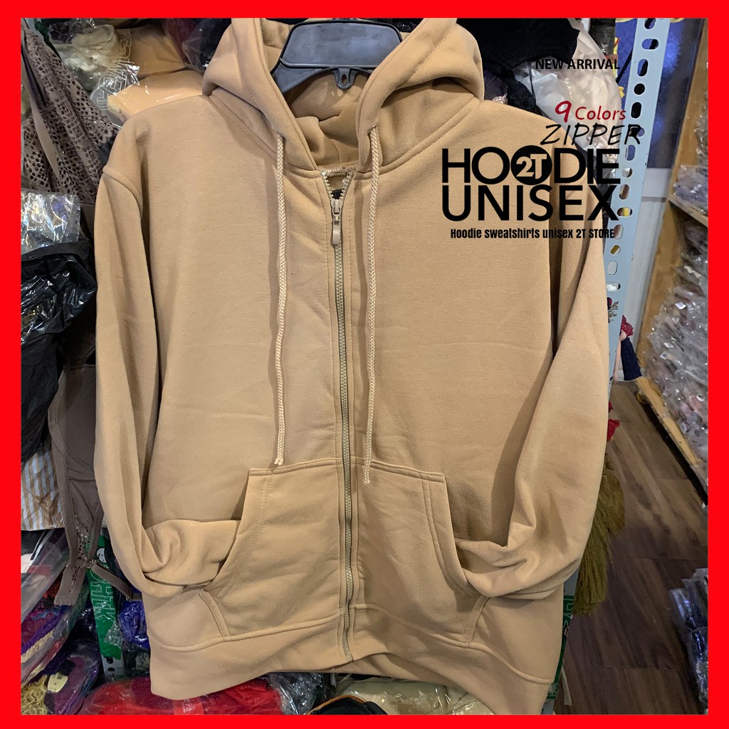 Áo hoodie zipper unisex 2T Store HZ05 màu kem tan Cafe - Áo khoác nỉ dây kéo nón 2 lớp dày dặn chất lượng đẹp