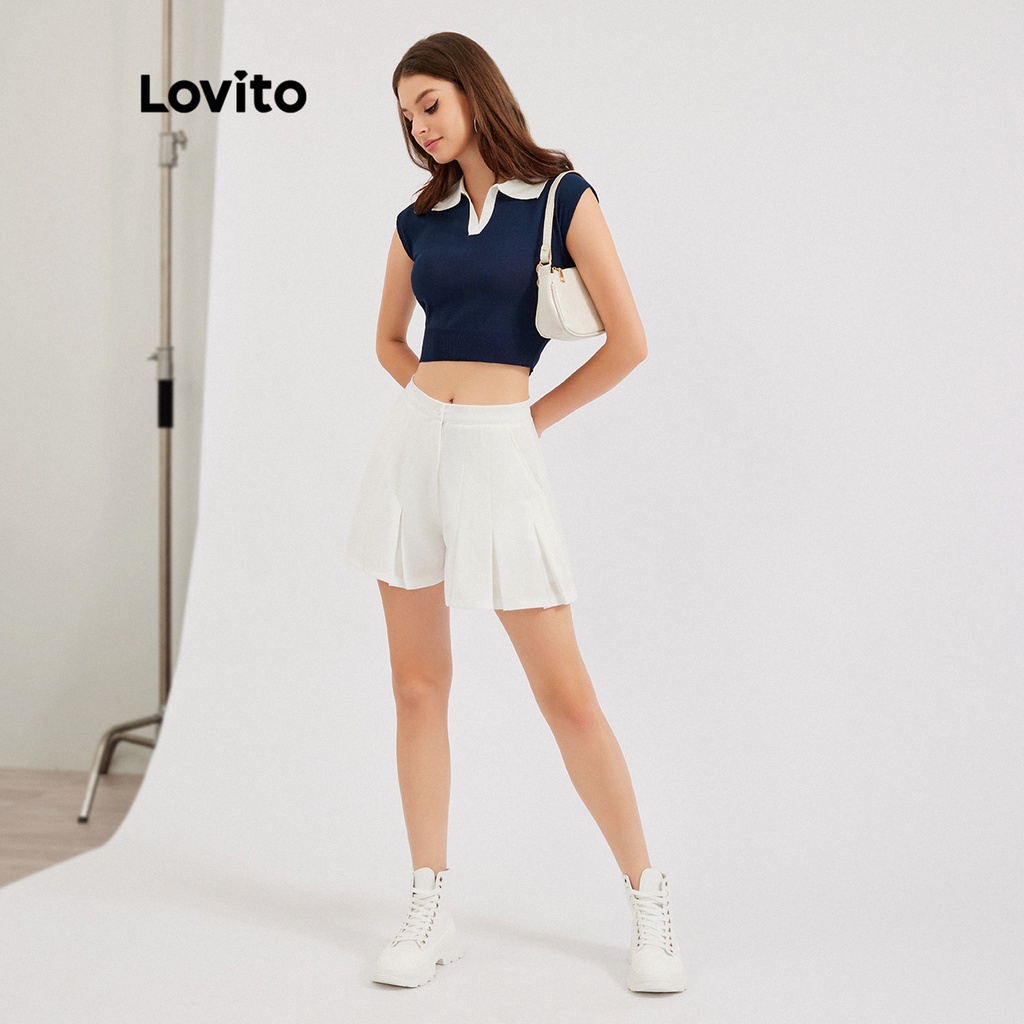 Quần short Lovito kết cấu nhăn xếp nếp màu trơn phong cách ngày thường L30ED046 (màu trắng)