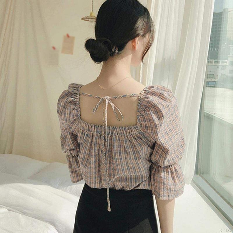 Áo Kiểu Tay Lỡ Cổ Vuông Họa Tiết Sọc Caro Phong Cách Hàn Quốc | BigBuy360 - bigbuy360.vn