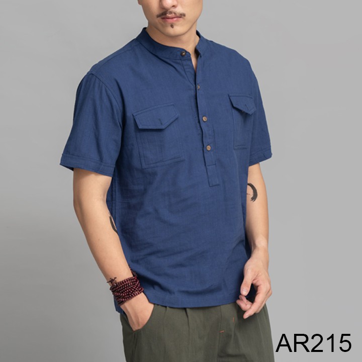 Áo đũi nam cộc tay cổ tàu 2 túi ngực thời trang, áo sơ mi nam vải đũi cộc tay chất | BigBuy360 - bigbuy360.vn