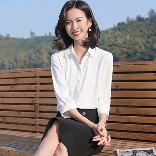 [Phong cách tính khí] Phiên bản Hàn Quốc Áo sơ mi tay ba phần tư Voan Áo sơ mi chuyên nghiệp Quần yếm làm việc thông thường Thiết kế áo sơ mi phù hợp Áo sơ mi Niche Top dáng rộng Tính khí thời trang S