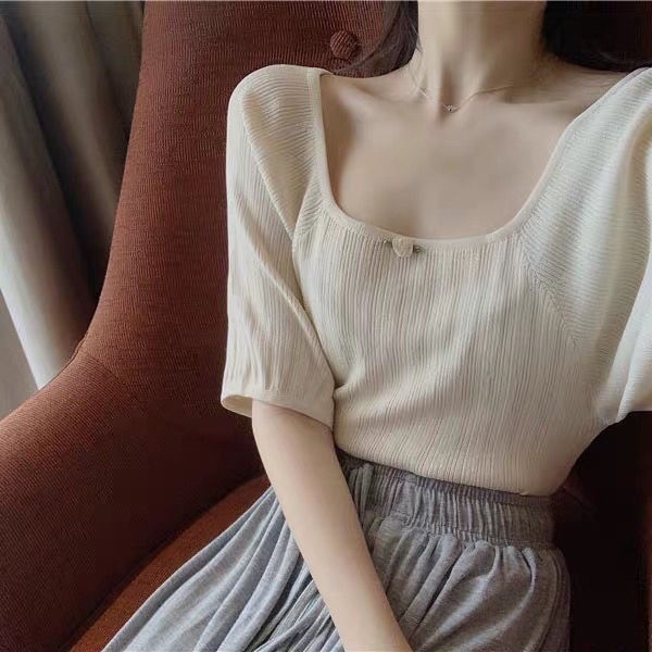 Áo dệt kim tay ngắn phồng cổ vuông phong cách retro Pháp