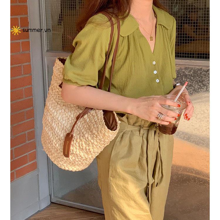 Túi Đeo Vai Bằng Rơm Đan Thiết Kế Nhỏ Gọn Phong Cách Retro Thời Trang Cho Nữ