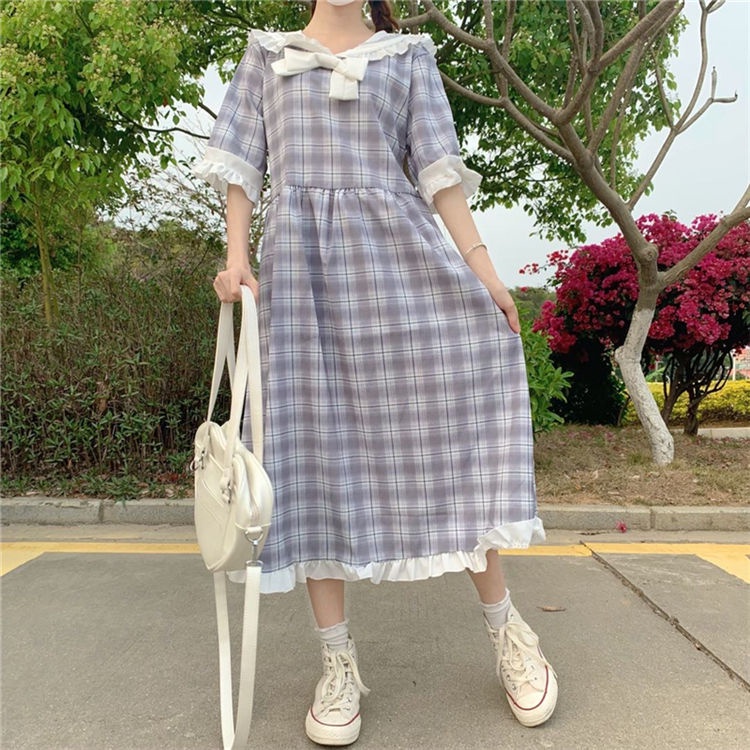 Đầm Midi Tay Ngắn Dáng Rộng Cổ Thủy Thủ Phong Cách Hàn Quốc Thời Trang Mùa Hè Xinh Xắn Cho Nữ