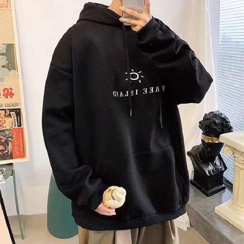 Áo hoodie tay dài dáng rộng in chữ phong cách Nhật Bản thời trang mùa đông cho nam có size lớn M-5XL