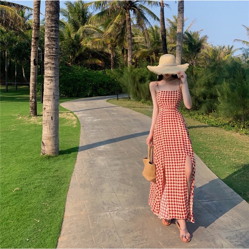 Đầm maxi caro 2 dây xẻ quyến rũ tà đen đỏ