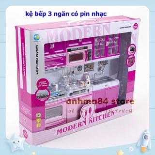 Đồ chơi KỆ BẾP 3 NGĂN CÓ PIN NHẠC - Tủ bếp nấu ăn 3 ngăn màu hồng - anhma84 store