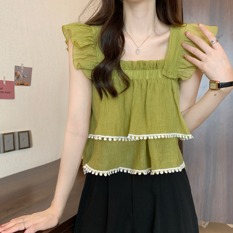Chiffon Halter Off Shoulder O-neck Tank Tops Sleeveless T-shirt Áo Sơ Mi Tay Ngắn Cổ Vuông Phong Cách Pháp Thời Trang Mùa Hè Xinh Xắn Cho Nữ shoulder strap Vest