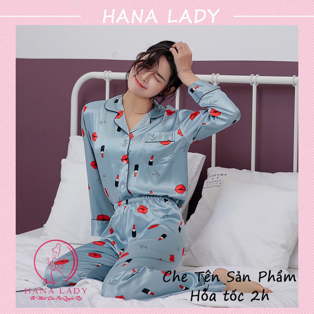 Đồ bộ mặc nhà cao cấp - Đồ ngủ pijama lụa họa tiết môi son PJ536