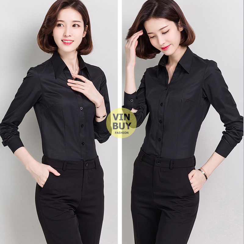 Áo sơ mi đen nữ trơn đẹp tay dài form công sở VINBUY áo ôm đẹp chất vải dày mềm mại may sắc nét không chỉ thừa
