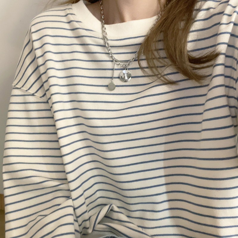 SUXI Áo Sweater Tay Dài Cổ Tròn Vải Mỏng Kẻ Sọc Phong Cách Thể Thao Cổ Điển Kiểu Hàn Thời Trang Mùa Thu Cho Bạn Nữ
