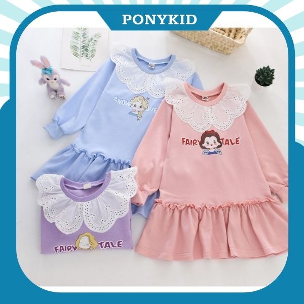 Váy Elsa dài tay chất cotton cổ hoa đáng yêu cho bé gái