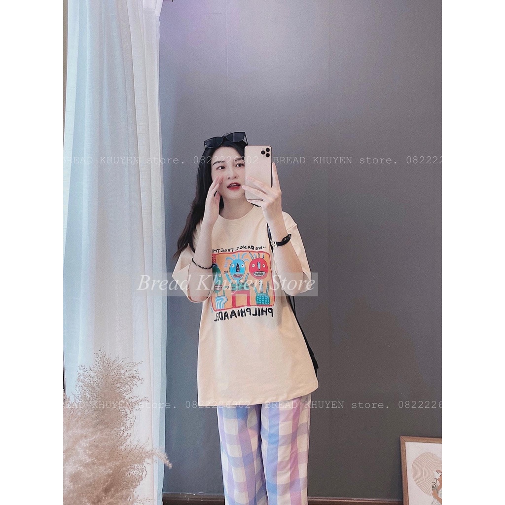 Bộ hoạt hình quần kẻ ô ống rộng siêu hot HN255