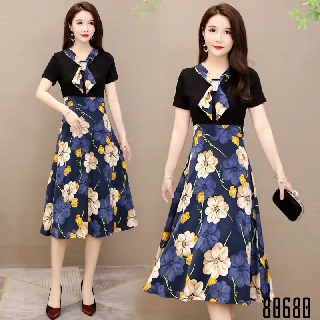 [MẪU MỚI]Đầm Thun Nhập Phối Lụa Hoa,Cổ  Ép Đá Siêu Hot 80680