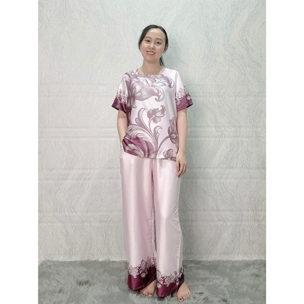 Đồ bộ mặc nhà lụa Tơ Tầm tay ngắn, quần ống rộng, đồ mặc nhà trung niên size lớn từ 50 - 75 kg N12