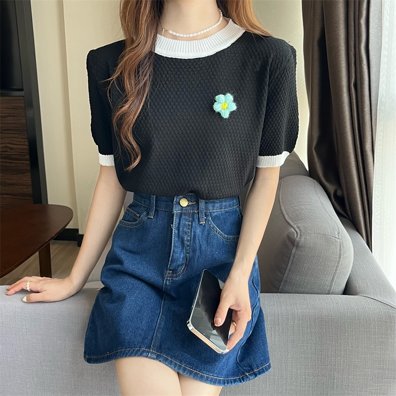 Áo thun dệt kim ZHELIHANGFEI tay ngắn thêu hoa xinh xắn thời trang