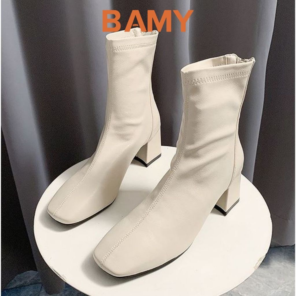 Bốt nữ da mềm Gân Chéo cổ cao khóa sau BAMY, giày boots ulzzang mũi vuông gót trụ 6 phân B01 | BigBuy360 - bigbuy360.vn
