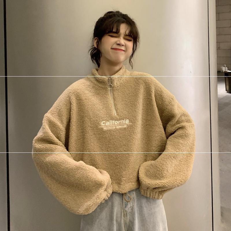Áo Croptop Lông CALIFOFNIII Cổ Khóa Thêu Chữ - Dáng Lỡ Cổ Cao Dài Tay B036