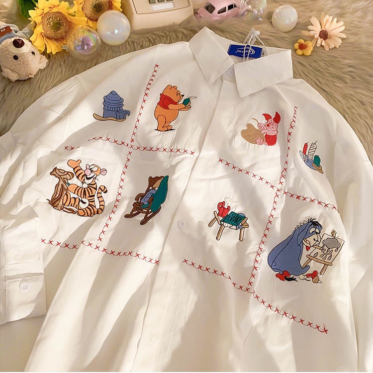 Áo sơ mi trắng dáng rộng thêu họa tiết hoạt hình thời trang mùa thu thích hợp cho nữ