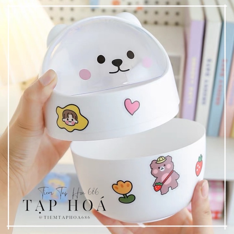 [Tặng kèm sticker] Thùng rác mini để bàn FREESHIP Thùng rác nhựa - hộp đựng bút - hình gấu xinh xắn có nắp để bàn