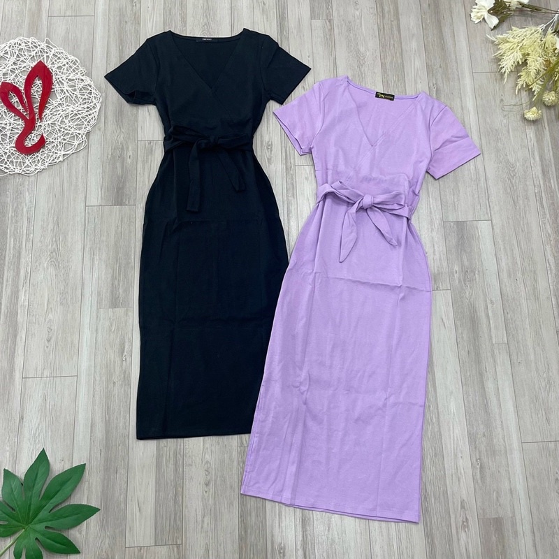 Đầm thun nơ eo cổ v