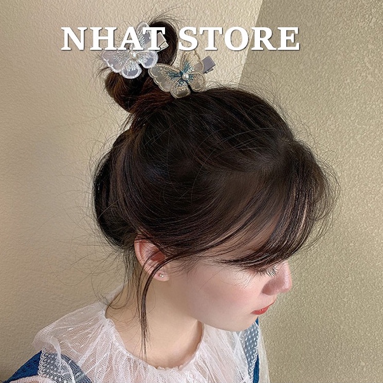 Kẹp tóc mái thời trang cho nữ, kẹp mỏ vịt hình bướm thêu Nhat Store