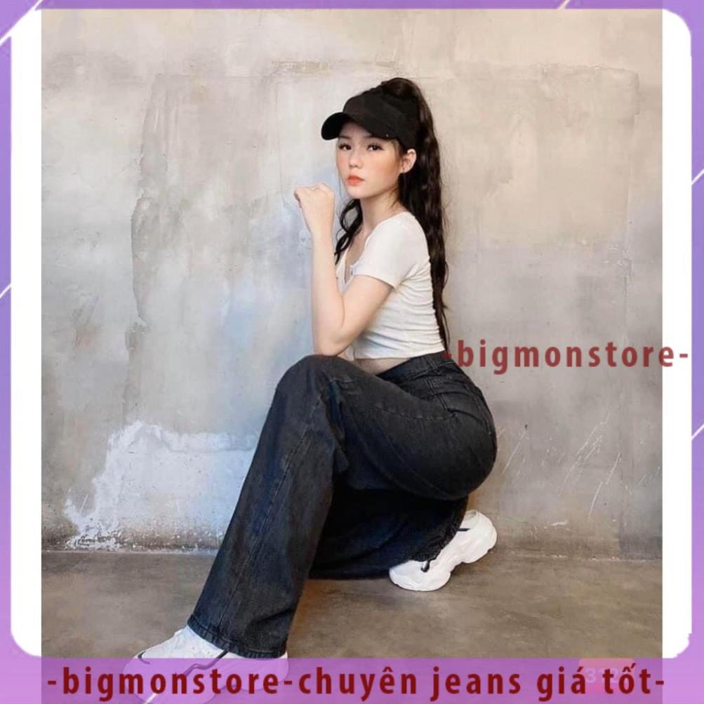 Free ship Quần Jean Nữ Ống Rộng Cạp Cao Màu Đen Chuẩn Uniex