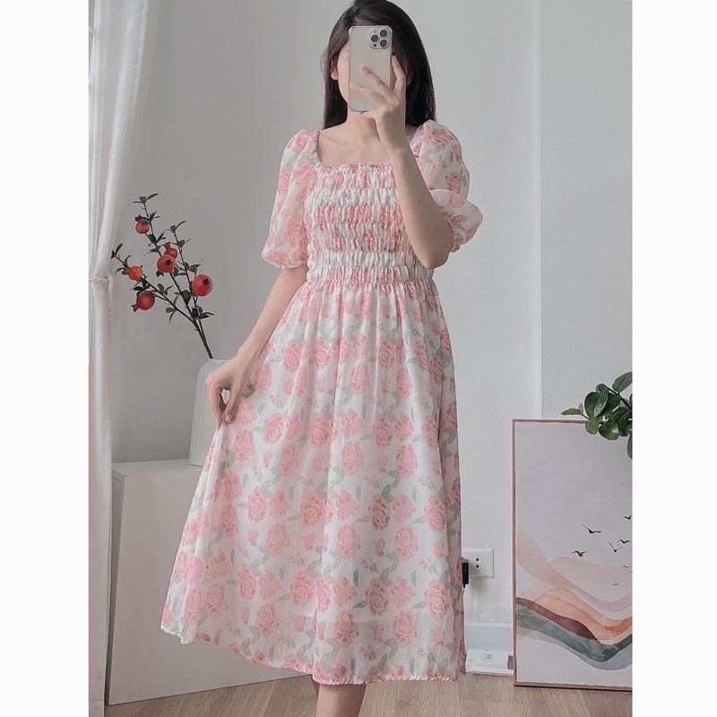 Váy đầm hoa hồng bo chun ngực dáng dài