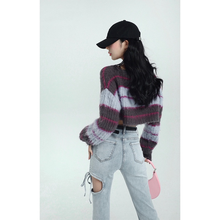 Áo Croptop Dệt Kim Dáng Rộng Tay Dài Họa Tiết Kẻ Sọc Màu Sắc Tương Phản Phong Cách Hàn 9504