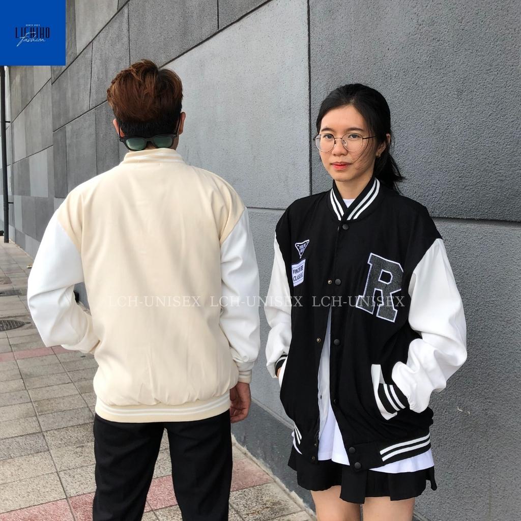 Áo khoác bomber varsity unisex form rộng thêu R chất da lộn mềm mịn jacket bóng chày 2 lớp nam nữ LCH