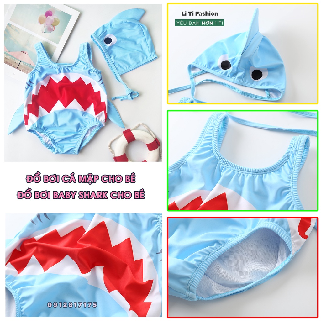 Set đồ bơi hình cá mập / baby shark có kèm mũ cho bé từ 7-15kg - Đồ bơi hình cá mập dễ thương