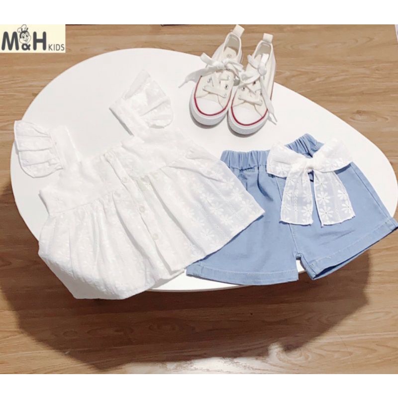 Set 3 món áo bé gái cánh tiên + quần bò cho bé + nơ tóc