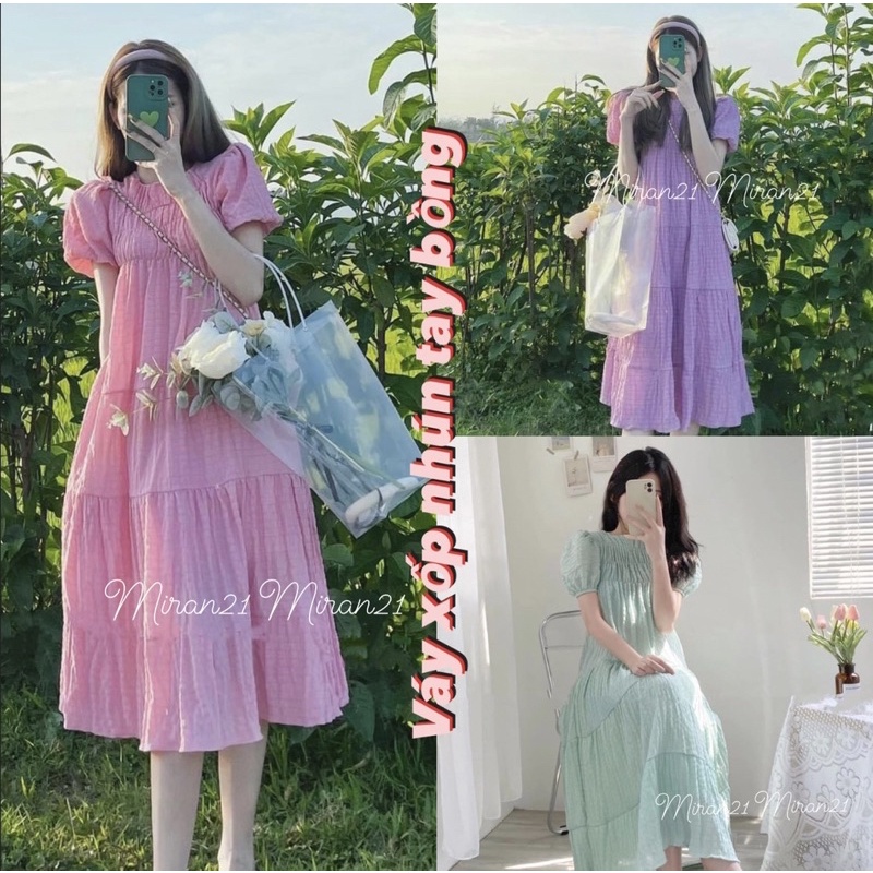 Váy Xốp Nhăn Tay Bồng Hai Lớp Pastel