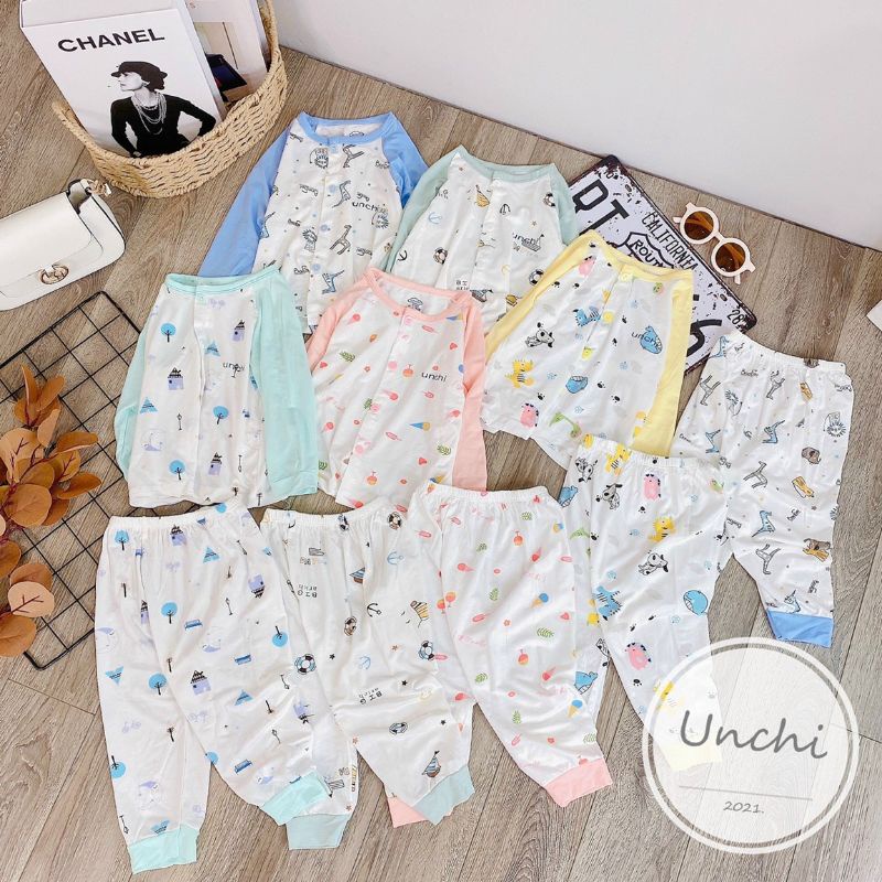 Bộ Quần Áo Dài Unchi Cúc Giữa Vải Petit Mềm Mát Cho Bé 3-9kg