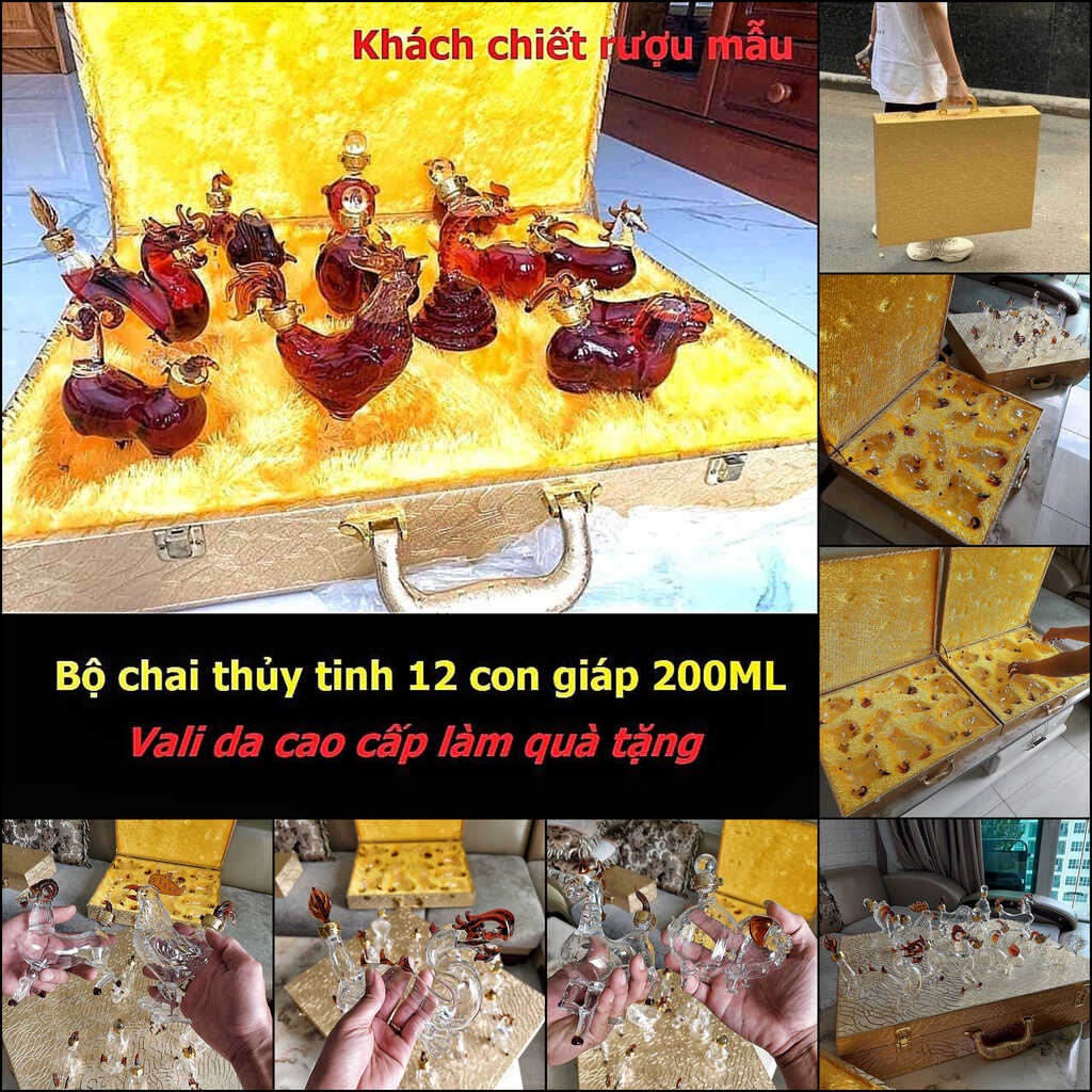 Bộ Chai Đựng Rượu 12 Con Giáp kèm vali da cao cấp có khóa số - Bộ Vỏ Chai Thủy Tinh làm quà tân gia, sinh nhật ý nghĩa