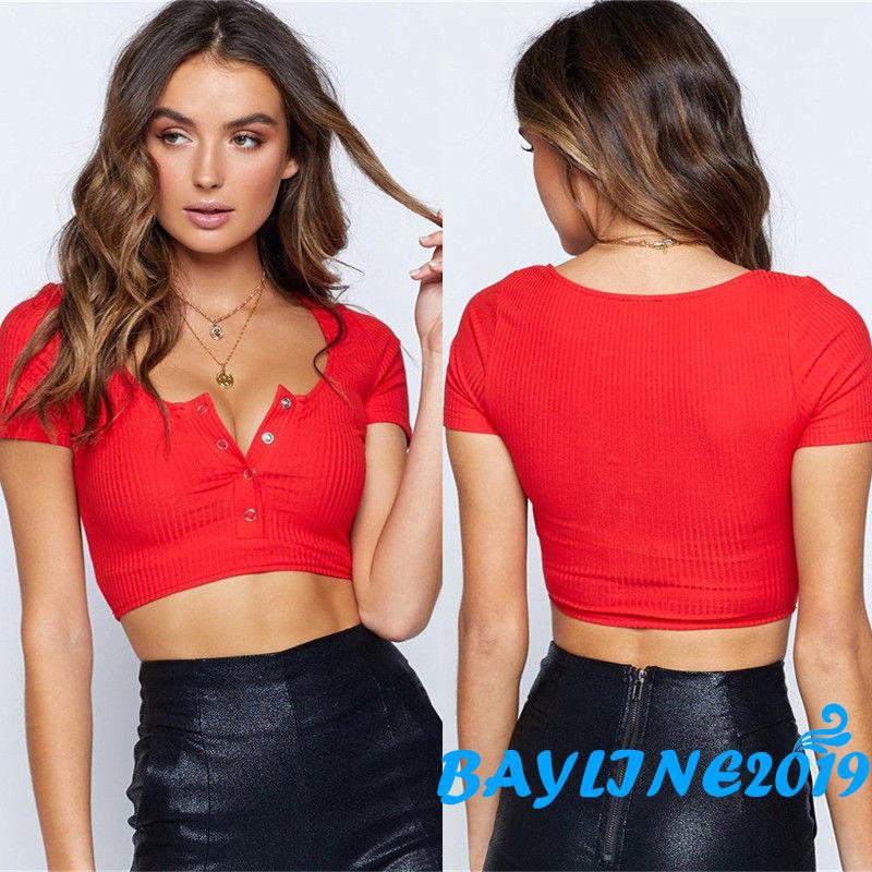 Áo Croptop Tay Ngắn Thiết Kế Cổ Chữ V Gợi Cảm Sành Điệu Cho Nữ